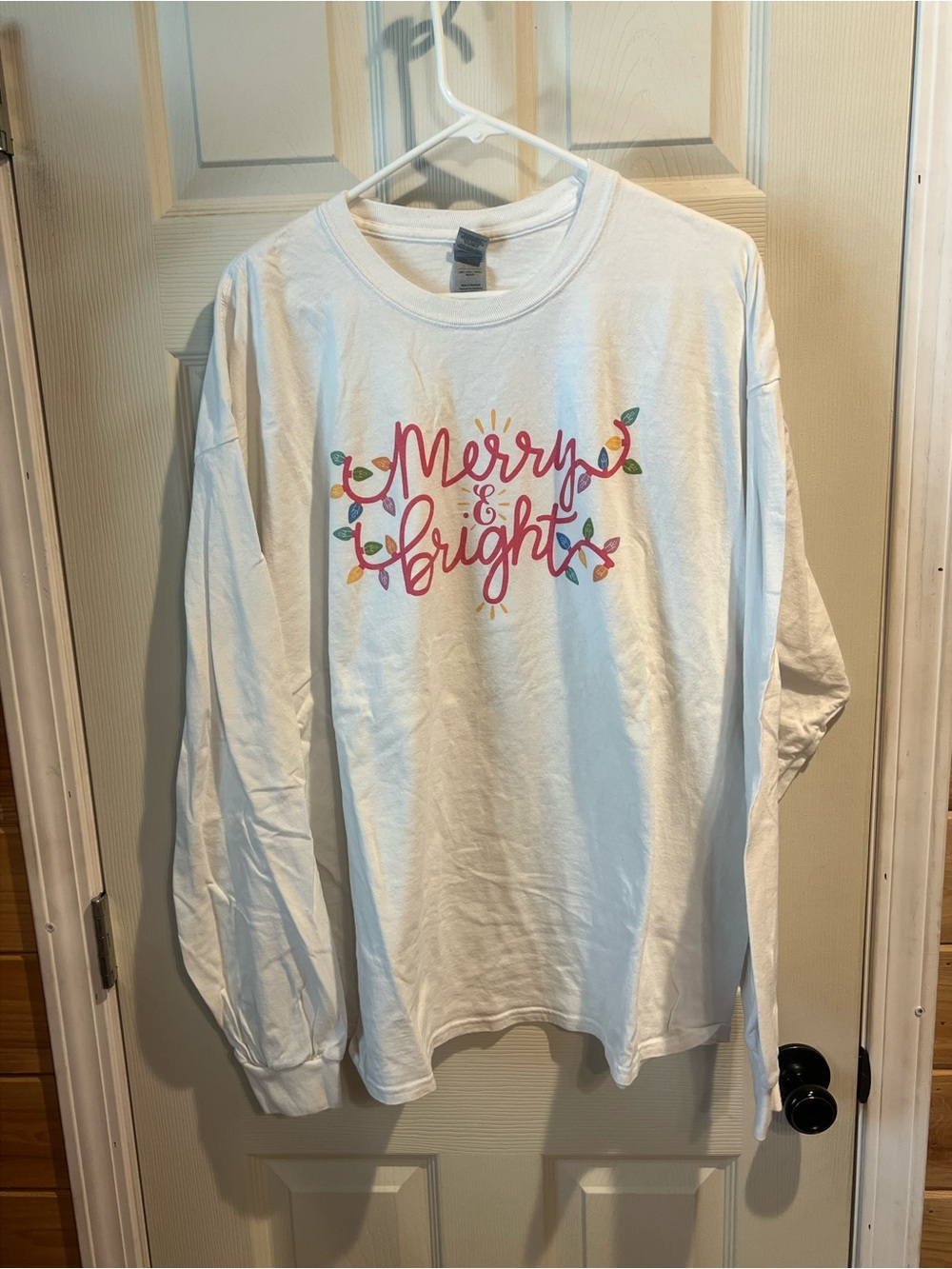 Gildan White Long-Sleeve Tee with Multicolor "Merry & Bright" Script